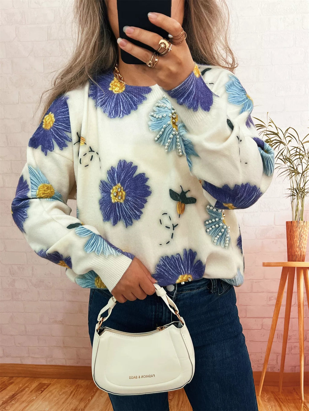 Women's Sweater Pearl Detail Flower Embroidered Round Neck Knit Pullover bd1f4ba06a7b44519522c2acd22cc7b1-Max-Origin Trendsi