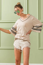 BiBi Cotton T-shirt Triblend Knit with Leopard Short Sleeve Band Detail Top bd27ada1214446faad4da45ff8e3bd3a-Max-Origin Trendsi