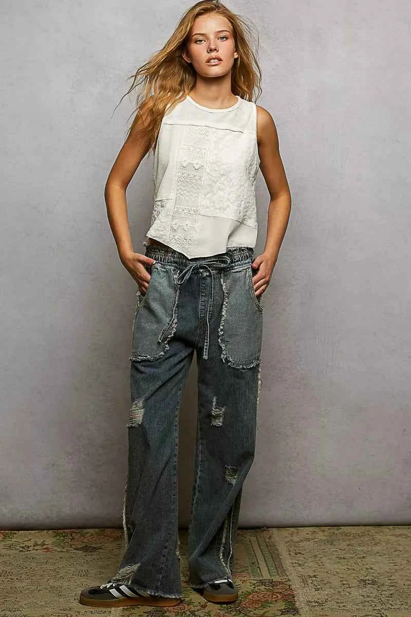 POL Ribbed Round Neck Cropped Tank with Lace Detail