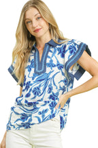 Umgee Floral Split Neck Top with Scalloped Trim and Short Flutter Sleeves