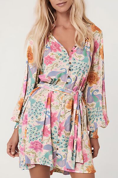 Floral Shirt Dress Lantern Long Sleeve Colorful Tied Belted Dresses Floral bd3957b8-0a13-4f6e-98bf-755c335ff030-Min Trendsi