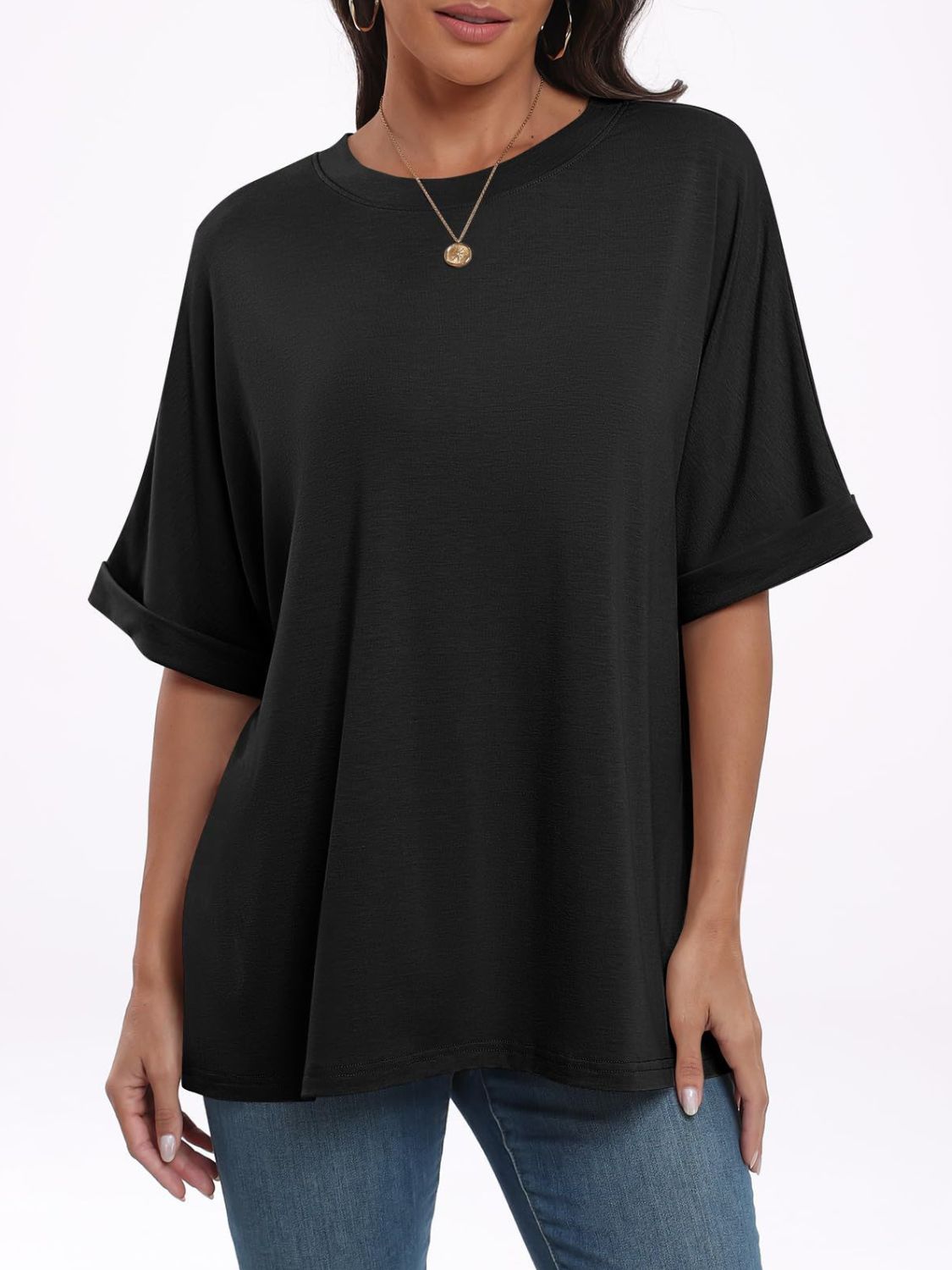 Women T-Shirt Round Neck Half Sleeve Oversized Cotton Blend Basic Style bd3dfc18-90e4-4c68-b03b-66ffd4069650-Max Trendsi