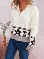 Women's Sweater Flower Hem Zip Collar Long Sleeve Stylish Pullover bd43acecfd104bfebcbd69ebd792b4ec-Max-Origin Trendsi