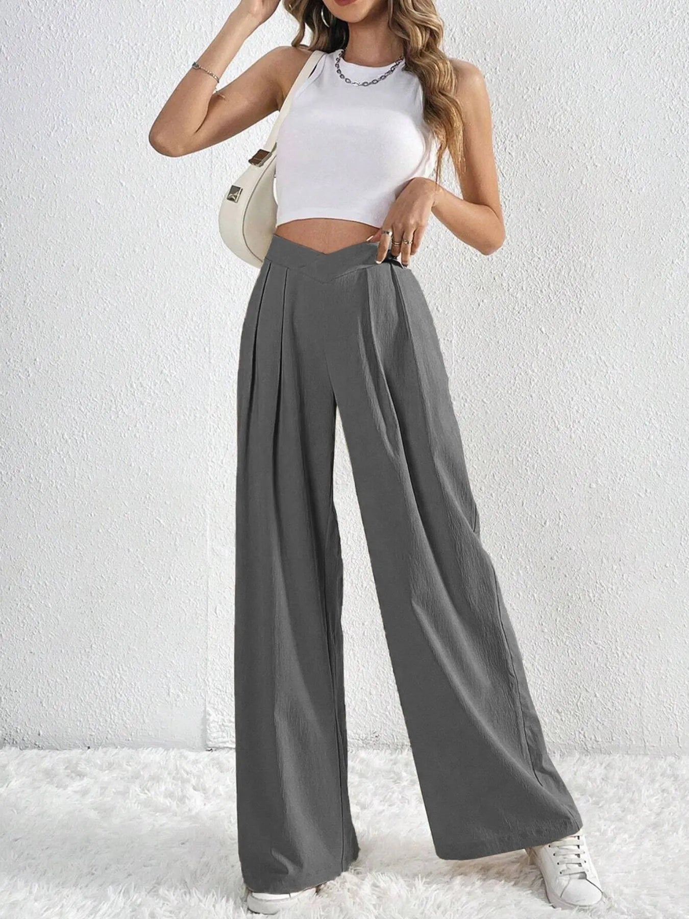 Women's Pants V-Waisted Ruched Front Wide Leg Trousers Pocketed bd43b7eb362e49559a6991a7f2dc4771-Max-Origin Trendsi
