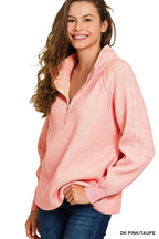 Zenana Womens Sweater Pink Ribbed Two Tone Half Zip High Collar bd4d71b6998346c4a6dc5eb0d4f5a80c-Max-Origin Trendsi