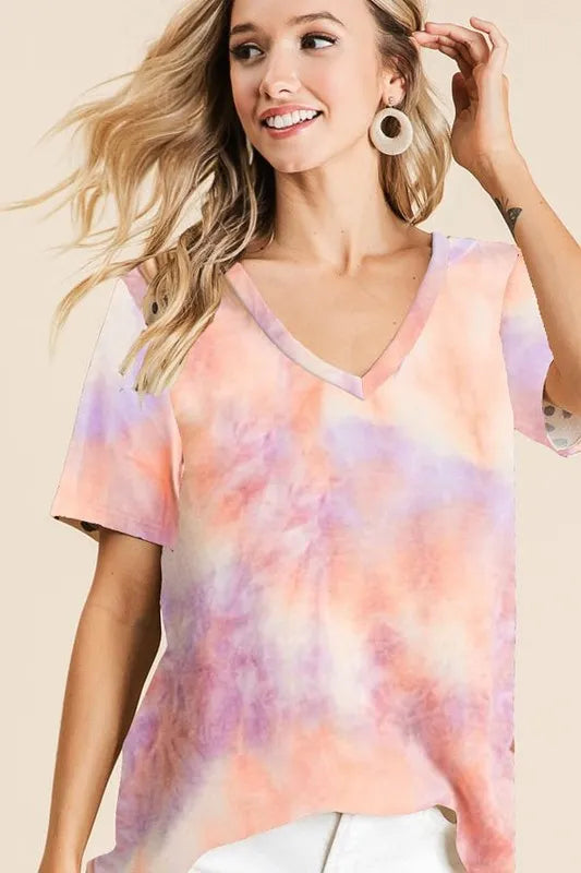 BiBi Tie Dye Cotton T-shirt French Terry V Neck Top Short Sleeve bd4f4e6c57bd438eb68557d6348d2b04-Max-Origin Trendsi