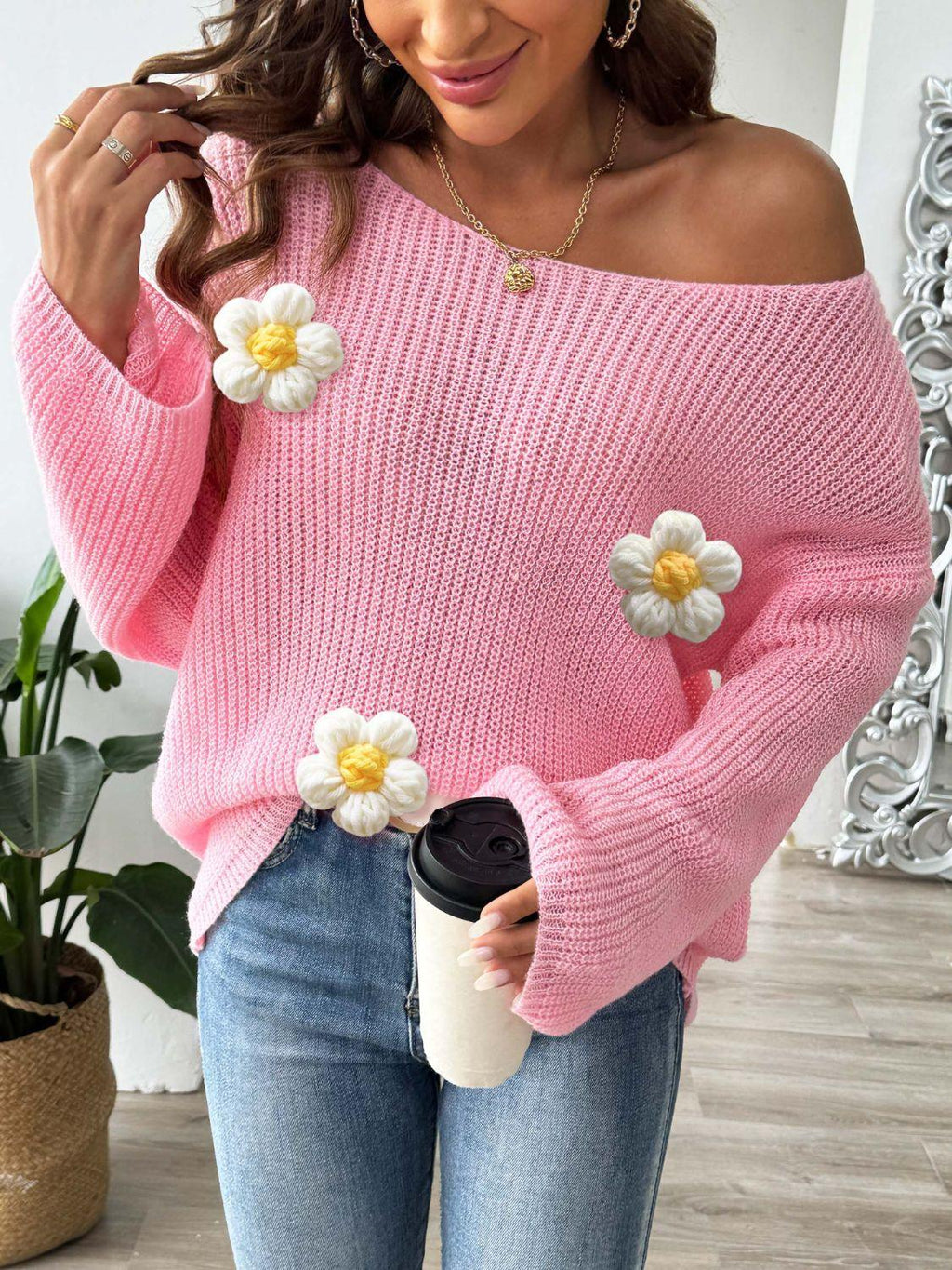 Sweater Flower Knit Applique Round Neck Long Sleeve Knitwear bd614b20-afc7-47f7-b973-42fb80225c33-Max Trendsi