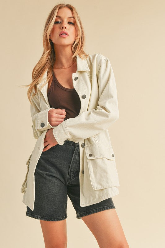 Aemi + Co Button Up Jacket Ivory Seam Detail Long Sleeve with Pockets