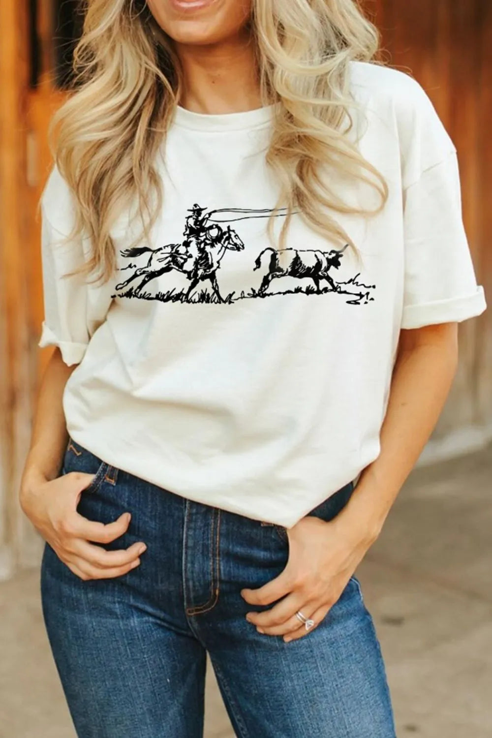 Women's T Shirt White Western Rodeo Graphic Print Round Neck Short Sleeve White bd698bd5-eac6-4e8d-b7de-eef0db0acd7a-Max-Origin Trendsi