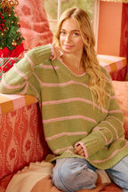 BiBi Womens Sweater Striped Sage Green Long Sleeve Oversized Pullover bd7a984f1d00443598e6aadf683d2d63-Max-Origin Trendsi