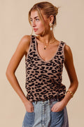 SO ME Leopard Print Lightweight Knitted V-Neck Tank Top
