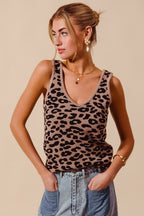 SO ME Leopard Print Lightweight Knitted V-Neck Tank Top