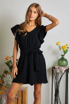 ADORA Romper Black Mini Ruffle Short Sleeves with Pockets Belted bd7fa7e17e8447028fb50d78ae692bc5-Max-Origin Trendsi