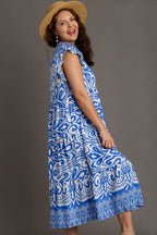 Umgee Midi Dress Floral Blue Two Tone Border Print Ruffle Cap Short Sleeve bd80734e-53d3-42da-9fe4-f94d4fb857df-Max Trendsi