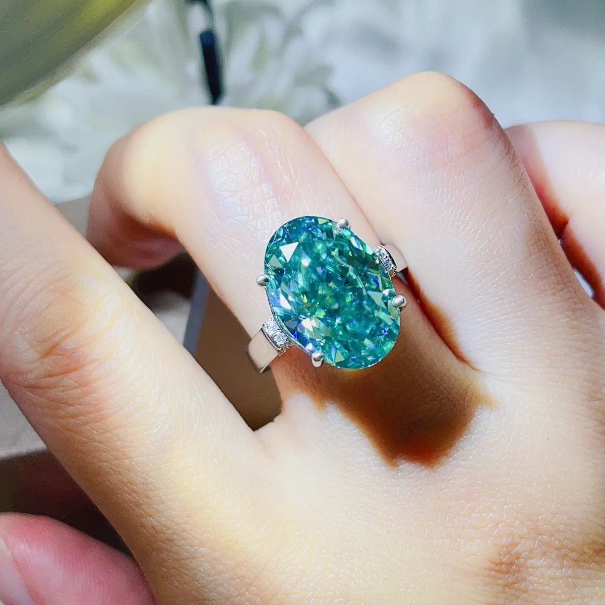 Silver Ring 5 Carat Moissanite Turquoise Oval Stone 925 Sterling Platinum-plated bd991e65-d73c-4acd-93d9-b8dca3ab04a7-Max-Origin Trendsi