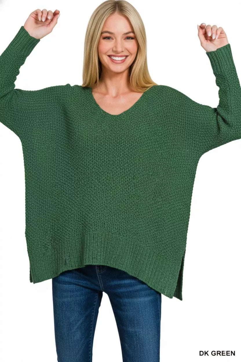Zenana Sweater Dark Green Dolman Sleeve V-Neck Knit Pullover bd9cc441-f003-440f-b9cb-fef7c8fd608f-Max-Origin Trendsi