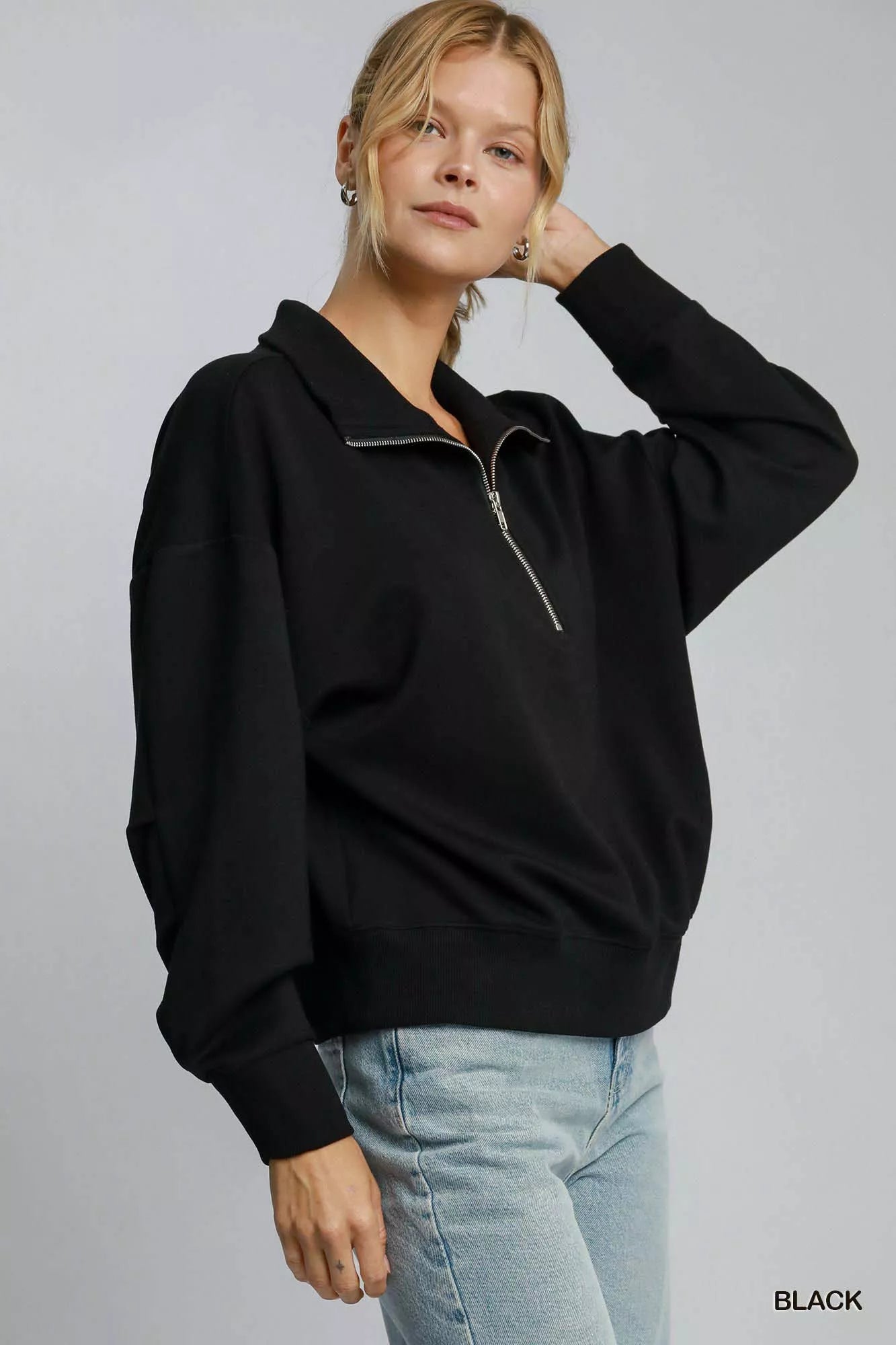 Umgee Women's Sweatshirt Black Half Zip Collar Drop Shoulder Long Sleeve bda6cdc5-db8b-42b7-a3ab-235bb324b3cd-Max-Origin Trendsi