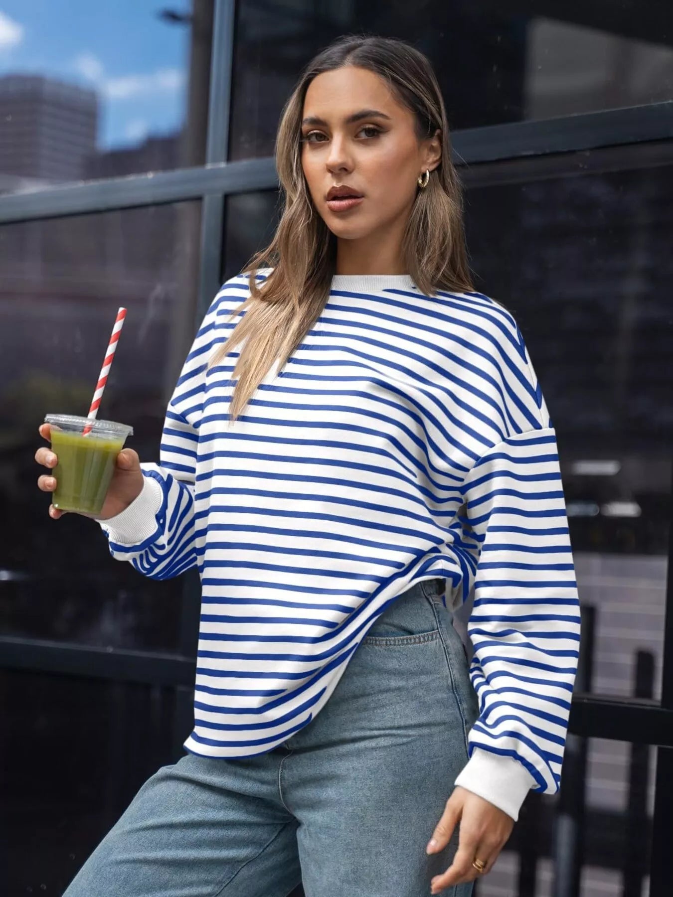 Women's Sweatshirt Striped Round Neck Oversized Casual Pullover Blue bda854372fa64accaf2a166db7620942-Max-Origin Trendsi