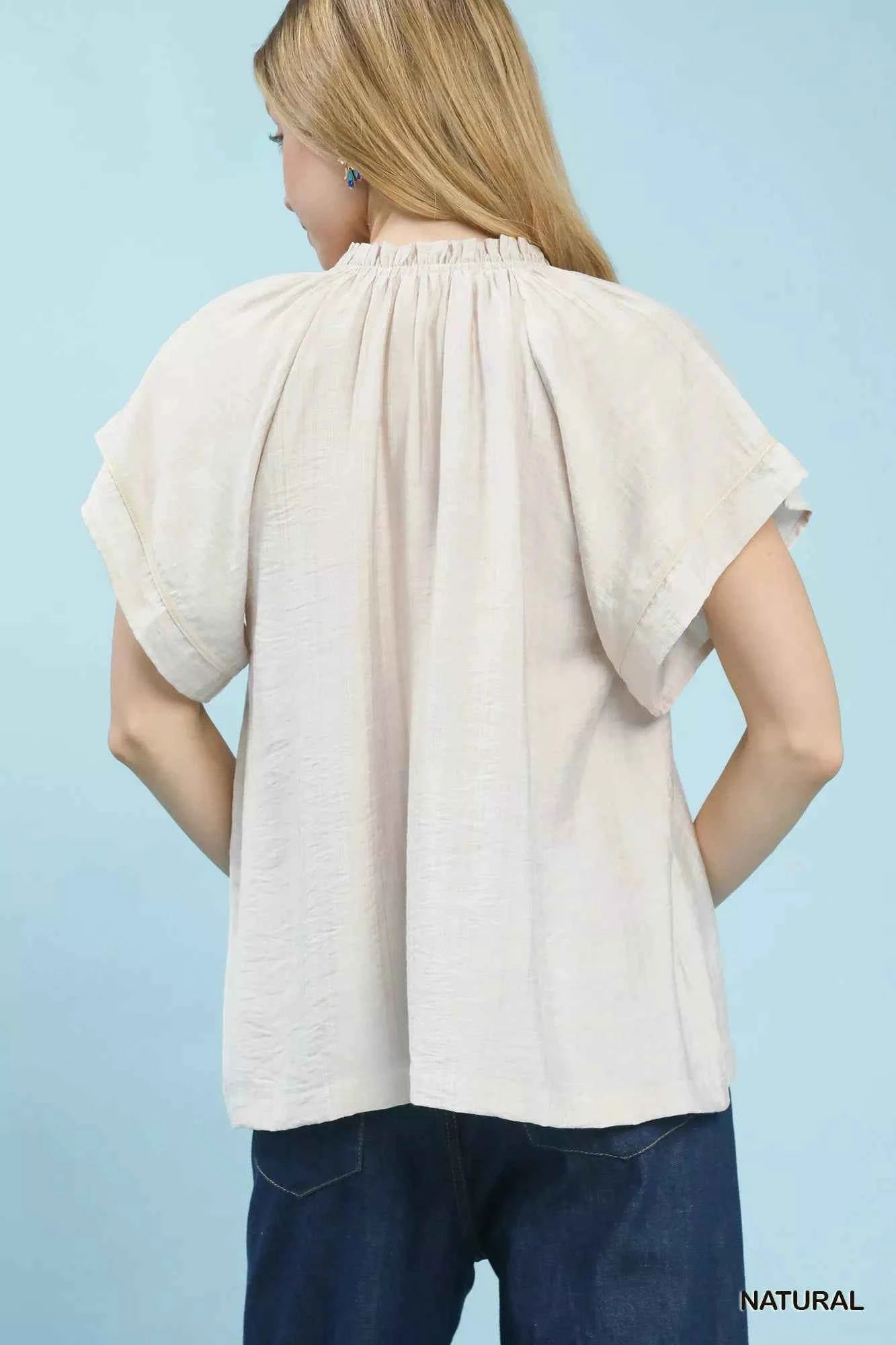 Umgee Embroidered Boho Blouse with Tassel Tie