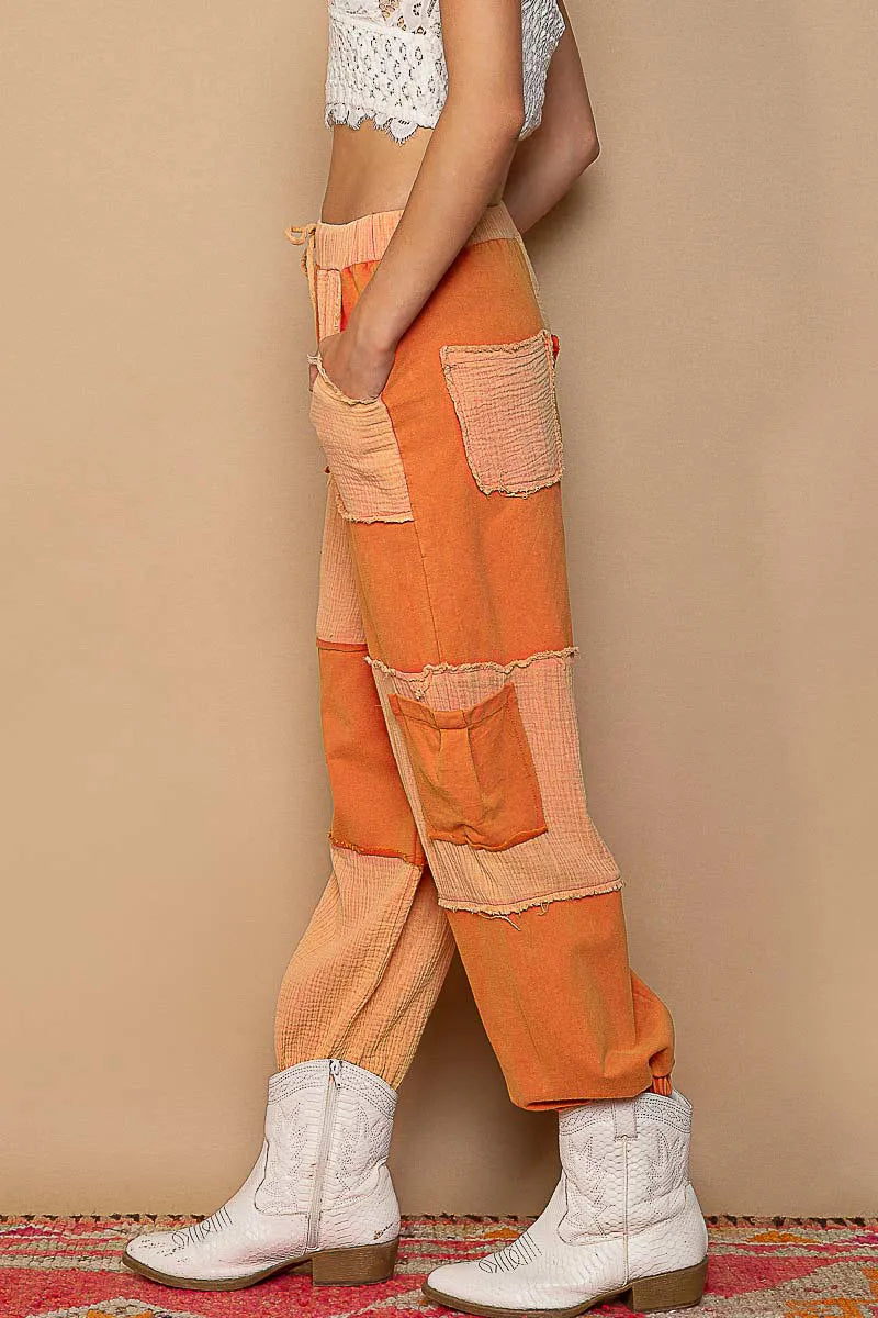 POL Jogger Pants Orange Red Cotton Drawstring Pocketed Contrast Seams bdbf10cb-de62-422a-af00-aa1adec5f893-Max-Origin Trendsi