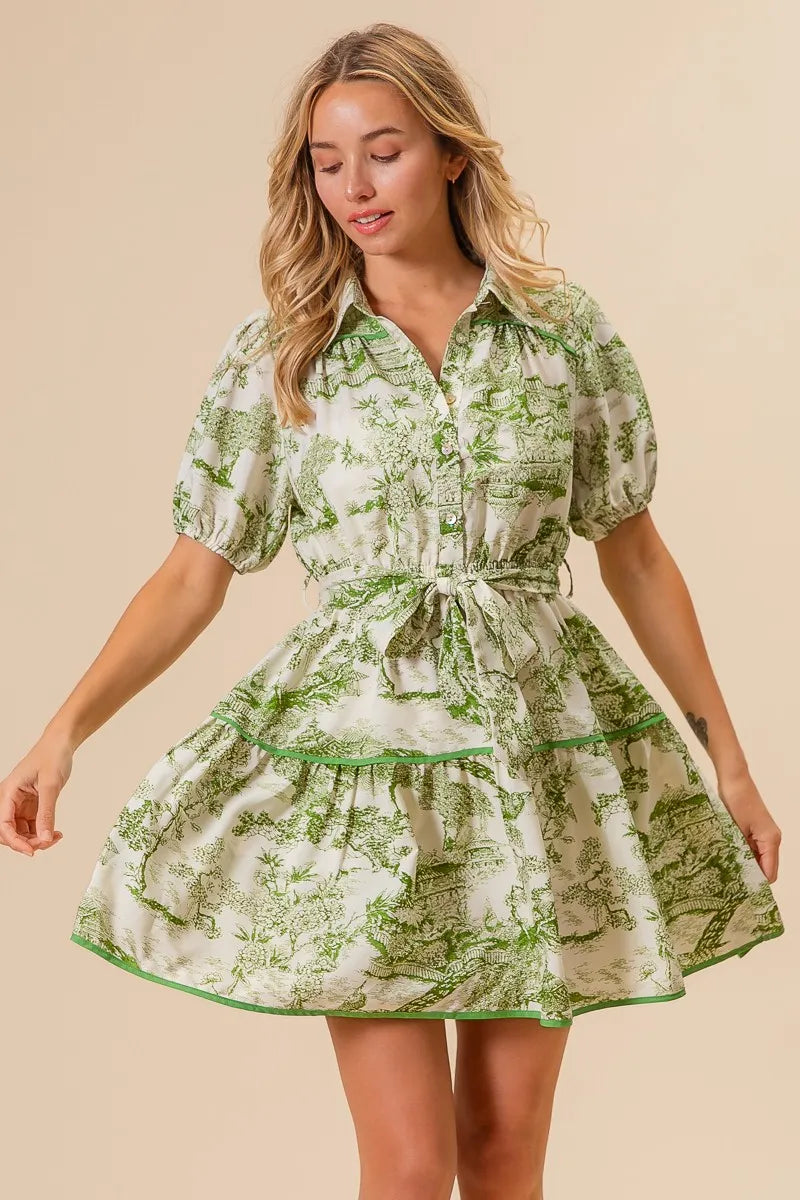 BiBi Mini Shirt Dress Floral Green Printed Tiered Belted Short Sleeve AVOCADO bdc563760eaf4b00b207d4939357eadf-Max-Origin Trendsi