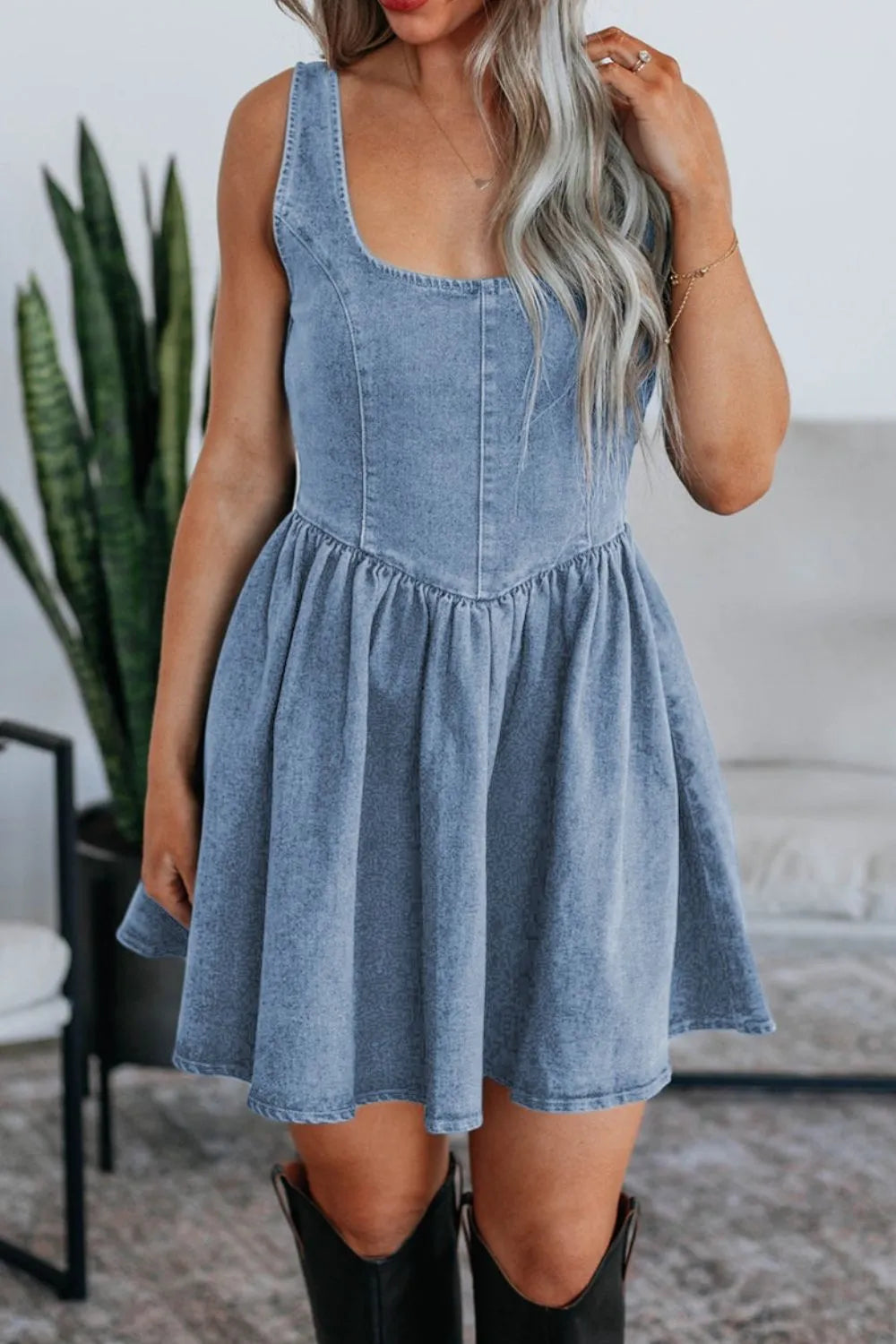 Denim Skater Dress V-Back Bow Tied Halter Empire Waist bdc92a77-3781-42b5-bd6e-862733c88842-Max-Origin Trendsi