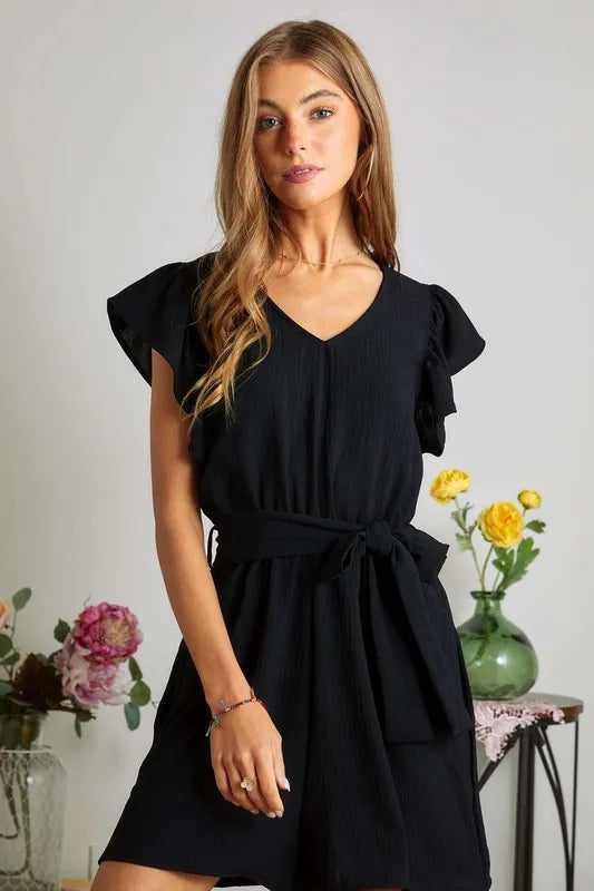 ADORA Romper Black Mini Ruffle Short Sleeves with Pockets Belted BLACK bdc9e5d388c647d4bde3f4f47a34dded-Max-Origin Trendsi