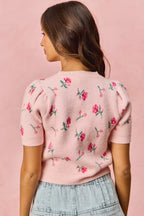 SO ME Womens Sweater Top Blush Pink Floral Pattern Knit Puff Short Sleeves bdcd81a86e96477f88a60fc58c013aa3-Max-Origin Trendsi