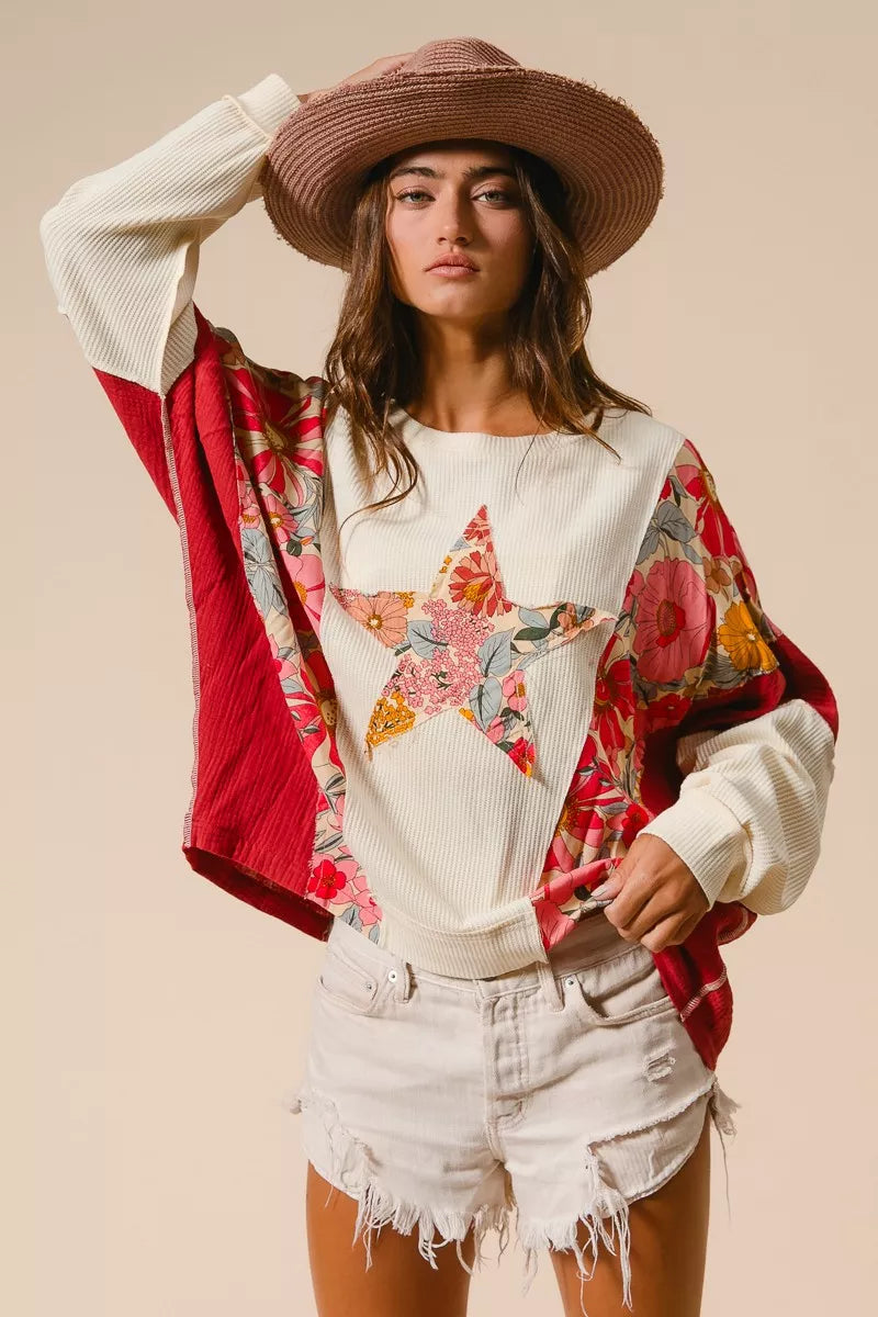 BiBi Sweatshirt Floral Print Mixed Star Patch Round Neck Top bdcf73b6136b4a3fb7c49a5cbaad692f-Max-Origin Trendsi