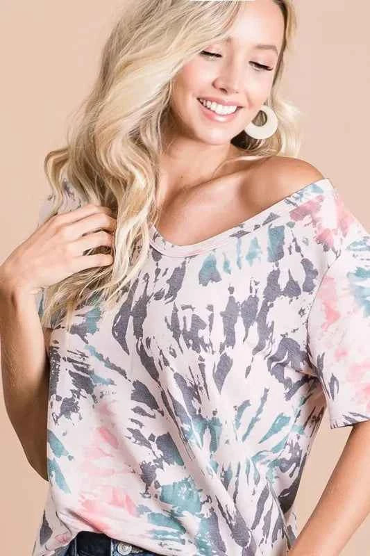 BiBi Women T-shirt Tie Dye Print Terry Deep U Neck Top Short Sleeve Top bdd909dac76347b8bd0fedb386ac1ebe-Max-Origin Trendsi