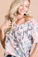BiBi Women T-shirt Tie Dye Print Terry Deep U Neck Top Short Sleeve Top bdd909dac76347b8bd0fedb386ac1ebe-Max-Origin Trendsi