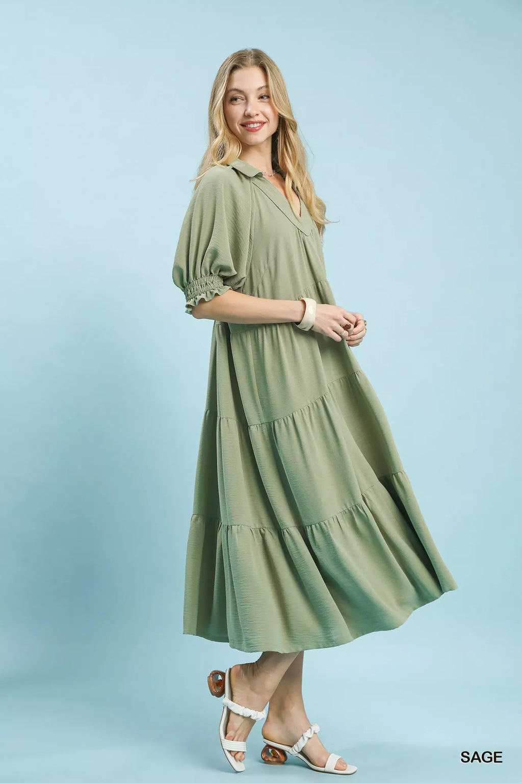 Umgee Midi Dress Tiered Solid Sage Green Ruffled Short Sleeve bddbfa03-96e3-45e3-8101-85889a8edade-Max-Origin Trendsi