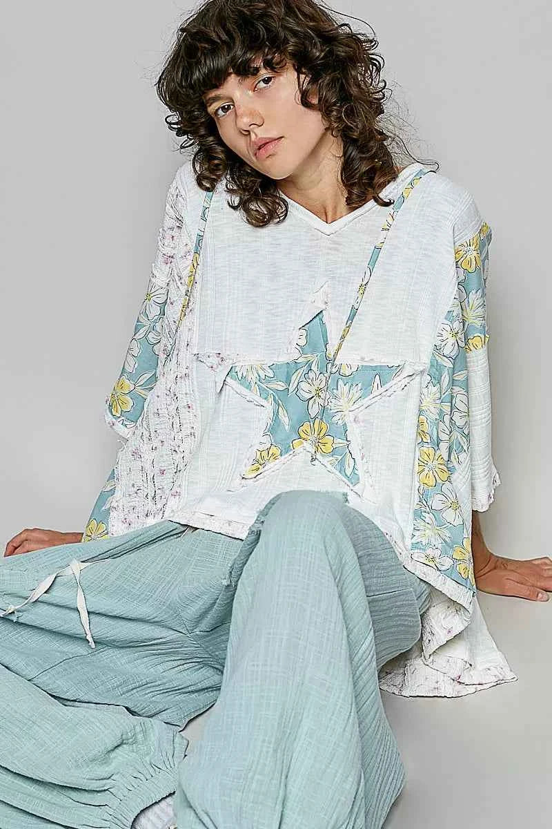 POL Floral Star Patch Hooded Blouse with Lace Contrast Detail