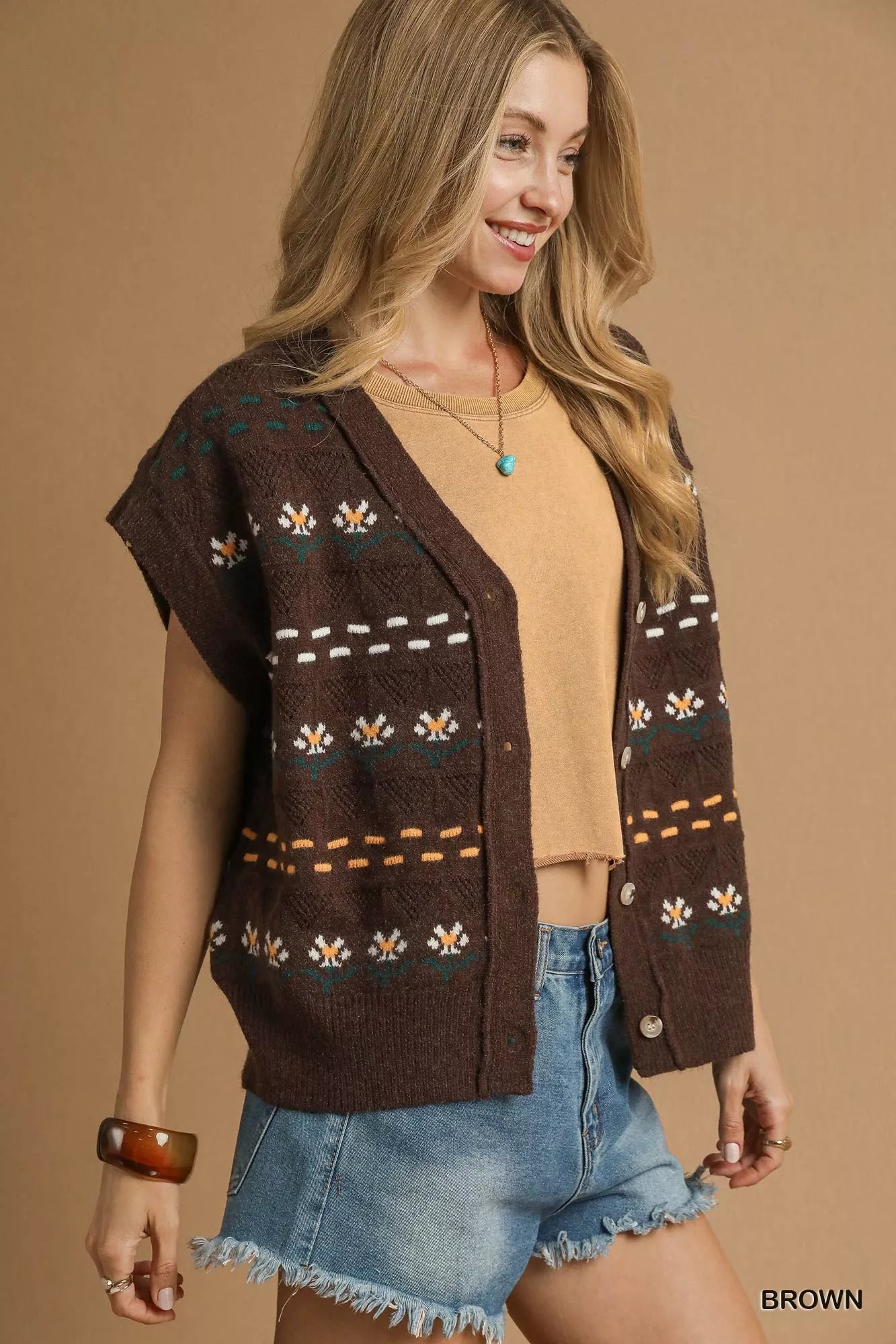 Umgee Womens Sweater Vest Brown Knit with Floral Pattern bddea795-743a-4253-a2a5-7942d67181f1-Max-Origin Trendsi