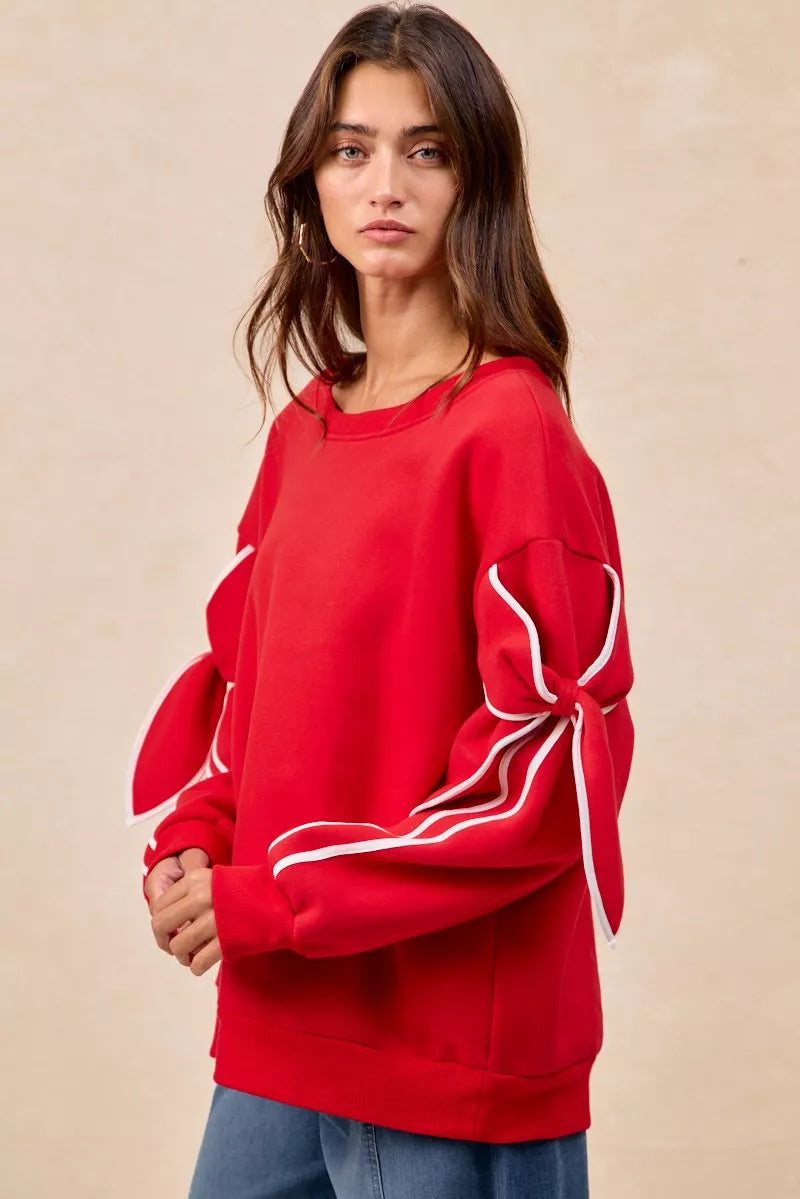 BiBi Fleece Sweatshirt Red Bow Detail Sleeves Womens Pullover bde7683a-9506-4c5d-ae12-f41428b7d29a-Max-Origin Trendsi