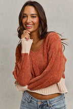 SO ME Cropped Sweater Rust Contrast Chenille Cable Knit V Neck Top bde9c0cdd5a343b18d5d93fcb6260b64-Max-Origin Trendsi