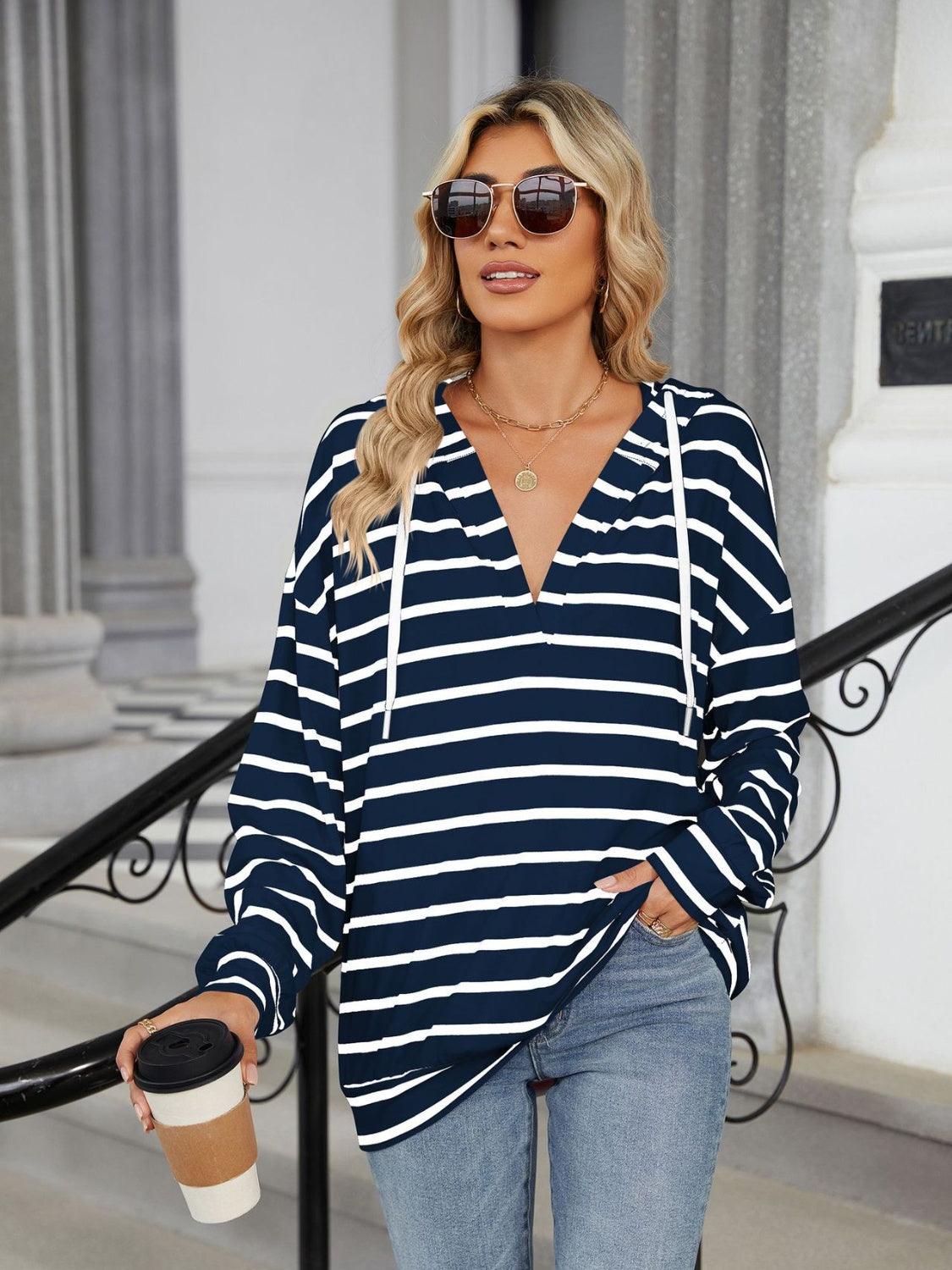 Drawstring Striped Long Sleeve Hoodie Dark Navy bdf3e0b8-70c4-4dfe-a3fe-136c99595010-Max Trendsi