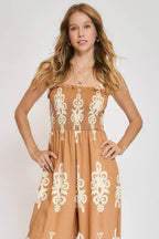 Umgee Jumpsuit Smocked Printed Wide Leg Strappy Mocha Overall bdfcbae4-af7d-47ef-9817-4bcb4b5ed1da-Max Trendsi