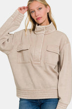 Zenana Sweatshirt USA Stock Mocha Acid Washed Half Snap Fleece Top Ash Mocha be1709f8-19f9-446e-bc40-e5f4ae2eed10-Max Trendsi