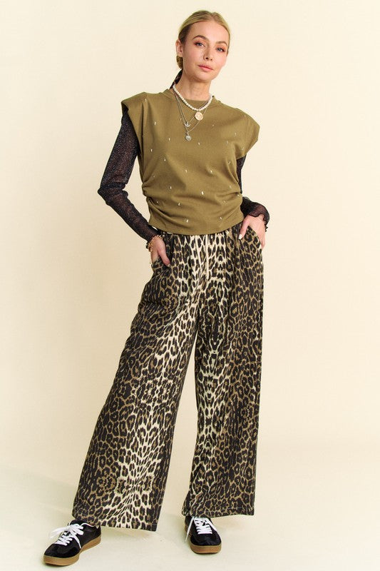 Davi & Dani USA Women Pants Leopard Wide Leg Elastic Waist Tied Pocketed