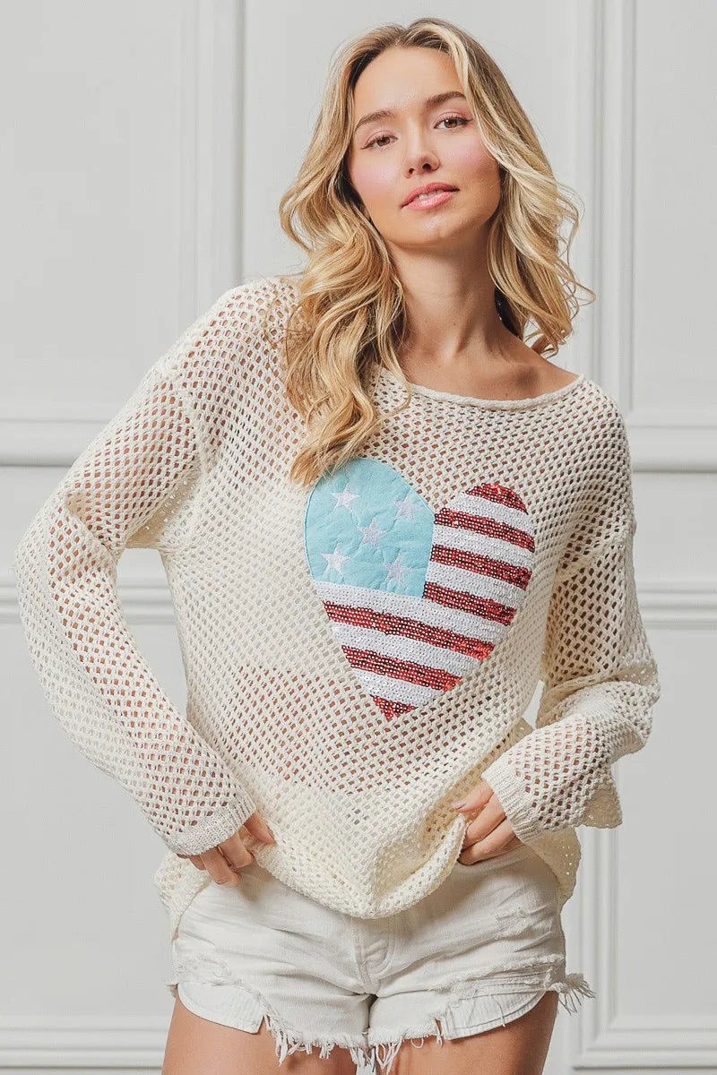 BiBi Knit Top Sequin American Flag Heart Up Embroidered Long Sleeve be207ae1c5de45cd8ccebec01fd78d68-Max-Origin Trendsi