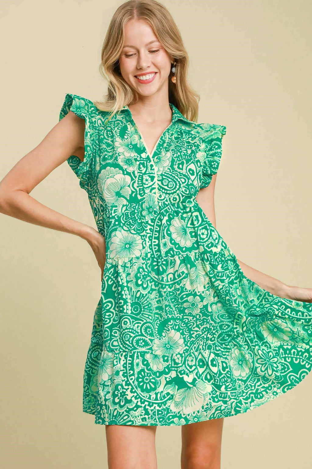Umgee Babydoll Mini Dress Green Printed Ruffle Cap Short Sleeve Green be245a09-527e-4c2b-8955-88f94cf35982-Max Trendsi