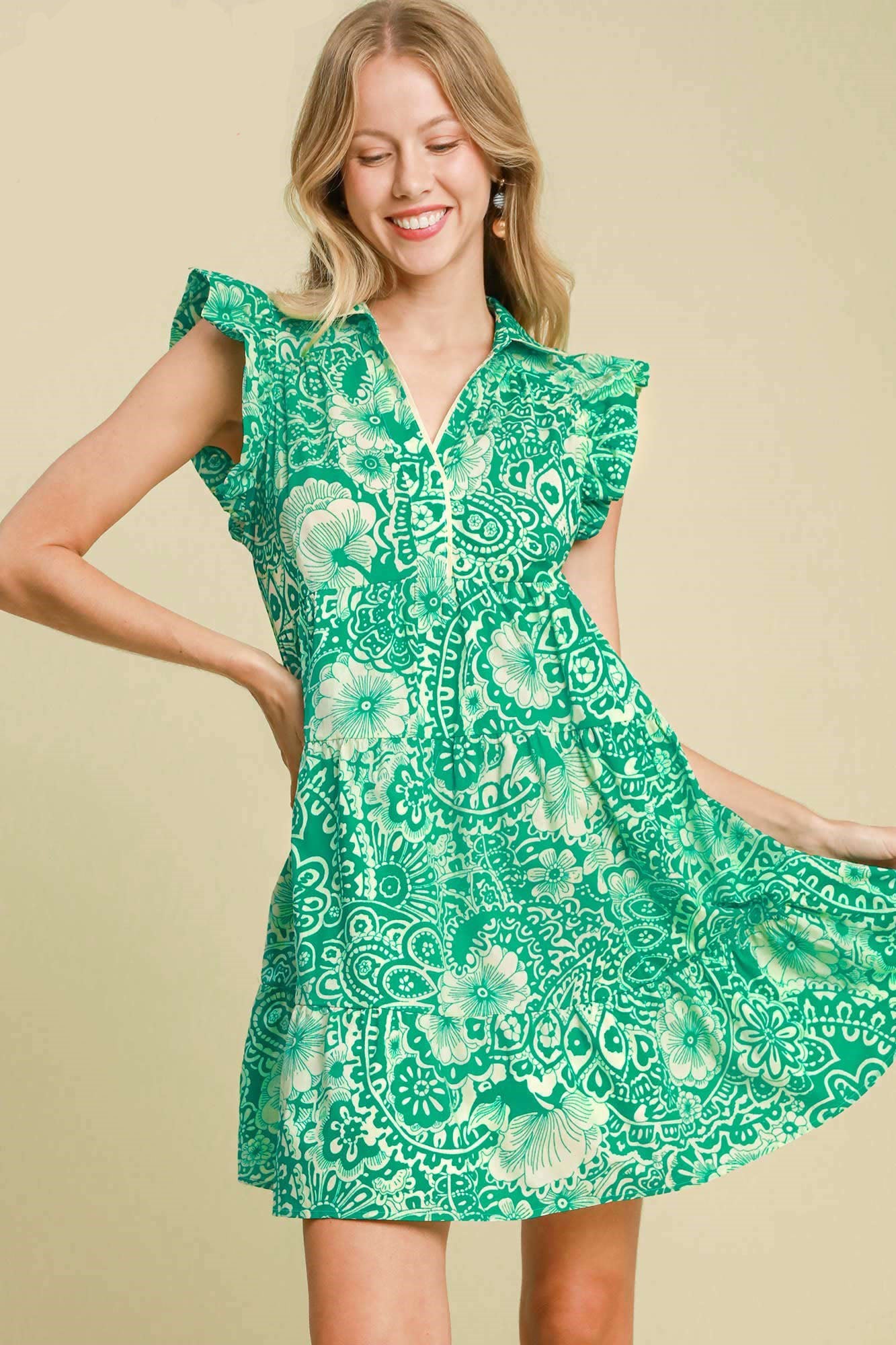 Umgee Babydoll Mini Dress Green Printed Ruffle Cap Short Sleeve Green be245a09-527e-4c2b-8955-88f94cf35982-Max Trendsi