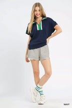 Umgee Knit Top Womens Navy Textured Striped Zip Collar T-shirt be249304-e175-4d8e-bff4-7c571284033c-Max-Origin Trendsi