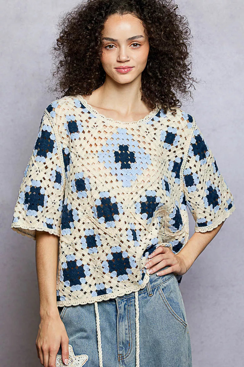 POL Round Neck Short Sleeve Color Pattern Crochet Top with Border Accents