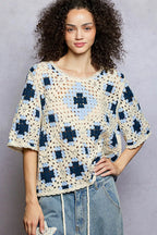 POL Womens Crochet Top Blue Multi Pattern Short Sleeve with Border Accents be27ab5d-4bbd-4ef1-8ea2-a303fd035321-Max-Origin Trendsi