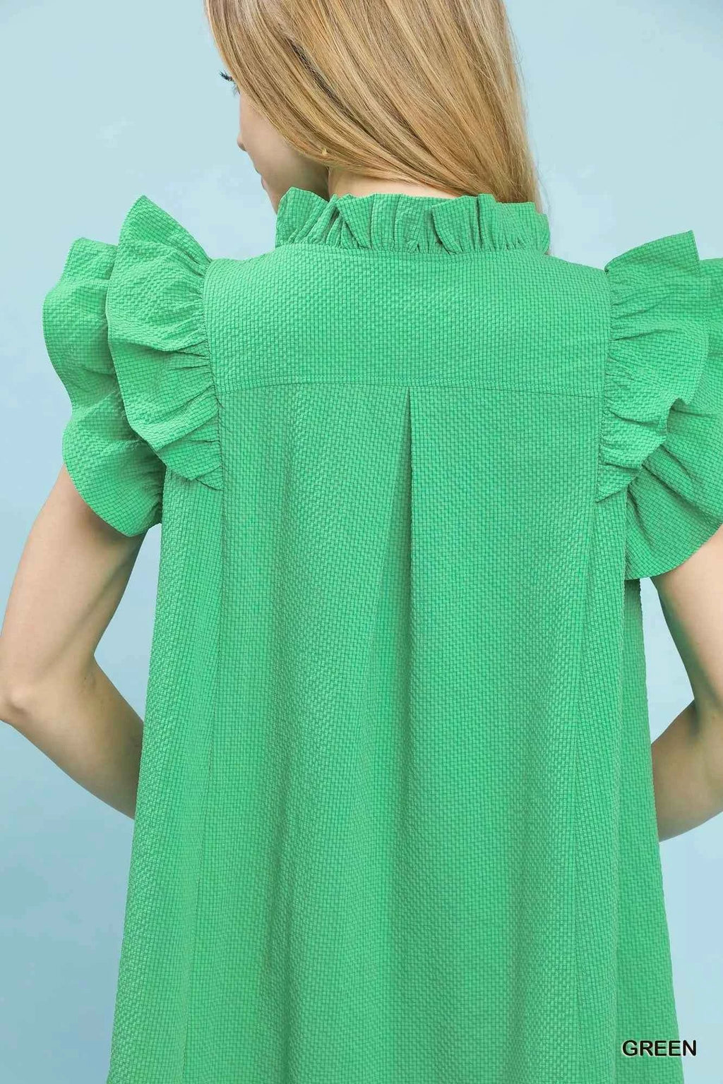 Umgee Shift Dress Green Seersucker Ruffle Short Sleeve be27b4a7-3ae0-4d25-8965-f2744b224032-Max-Origin Trendsi