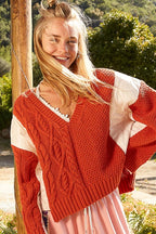 POL Sweater Women's Cable Knit Orange Quilting Patch Contrast V-Neck Orange be317dd0-a83b-4b18-bd8a-28fe30a36ba7-Max Trendsi