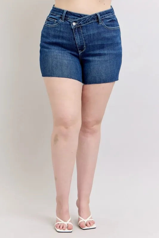 Judy Blue Denim Shorts Plus Size High Waist Criss-Cross Waistband Dark Blue DK be41b67fe536426da1f7fa604aa81660-Max-Origin Trendsi