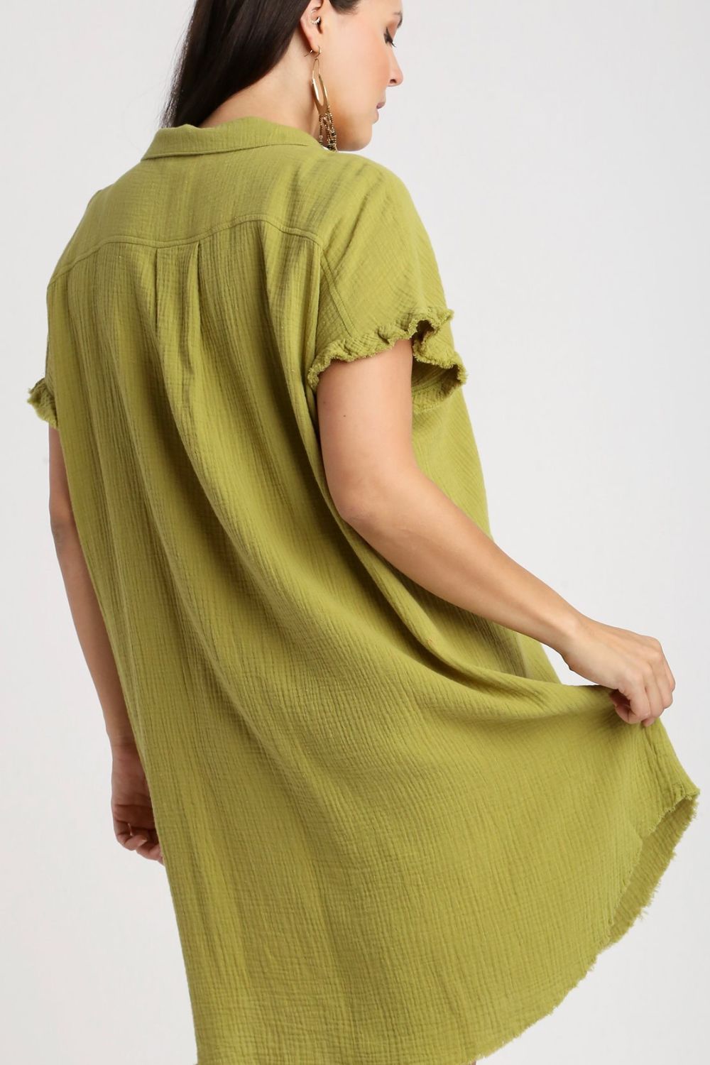 Umgee Shirt Dress Cotton Gauze Raw Hem Yellow Green Short Sleeve be421e10-870c-4954-8e67-083dcb77694a-Max Trendsi